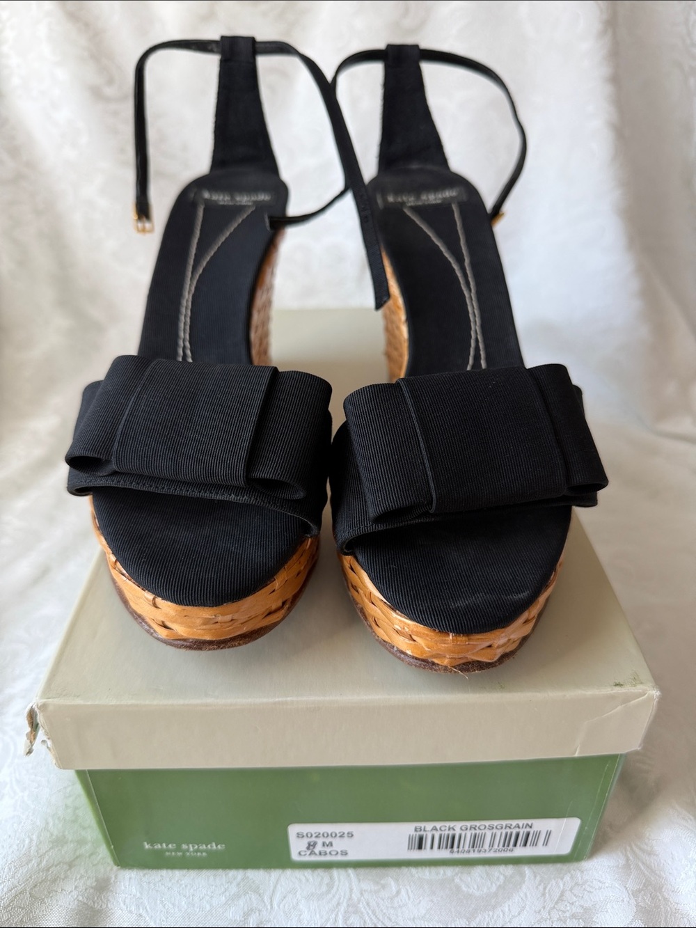 kate spade Black Grosgrain Bow Wedge Sandals with Woven Platform